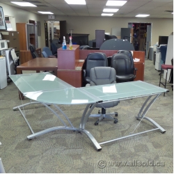 Contemporary Frosted Glass and Metal L Suite Desk